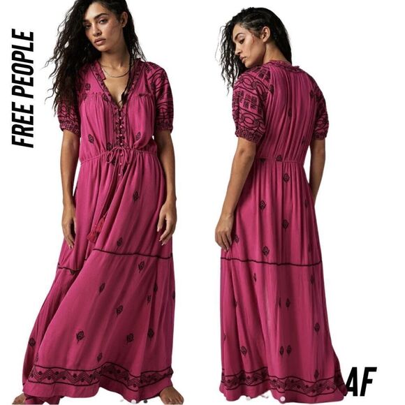 FREE PEOPLE RILEY SMOCKED MAXI DRESS IN FUCHSIA NEW - Picture 1 of 11
